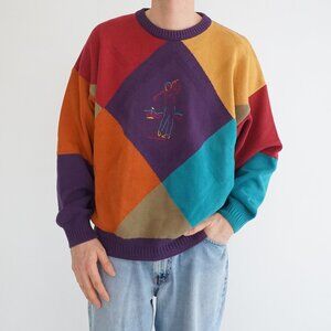 VTG Tosani Colourblock Golfer Argyle Pattern Golf Scene Cotton Knit Sweater XL